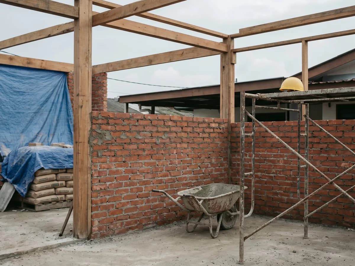 Mid-construction extension with brick walls, wooden frame, scaffolding and yellow hard hat