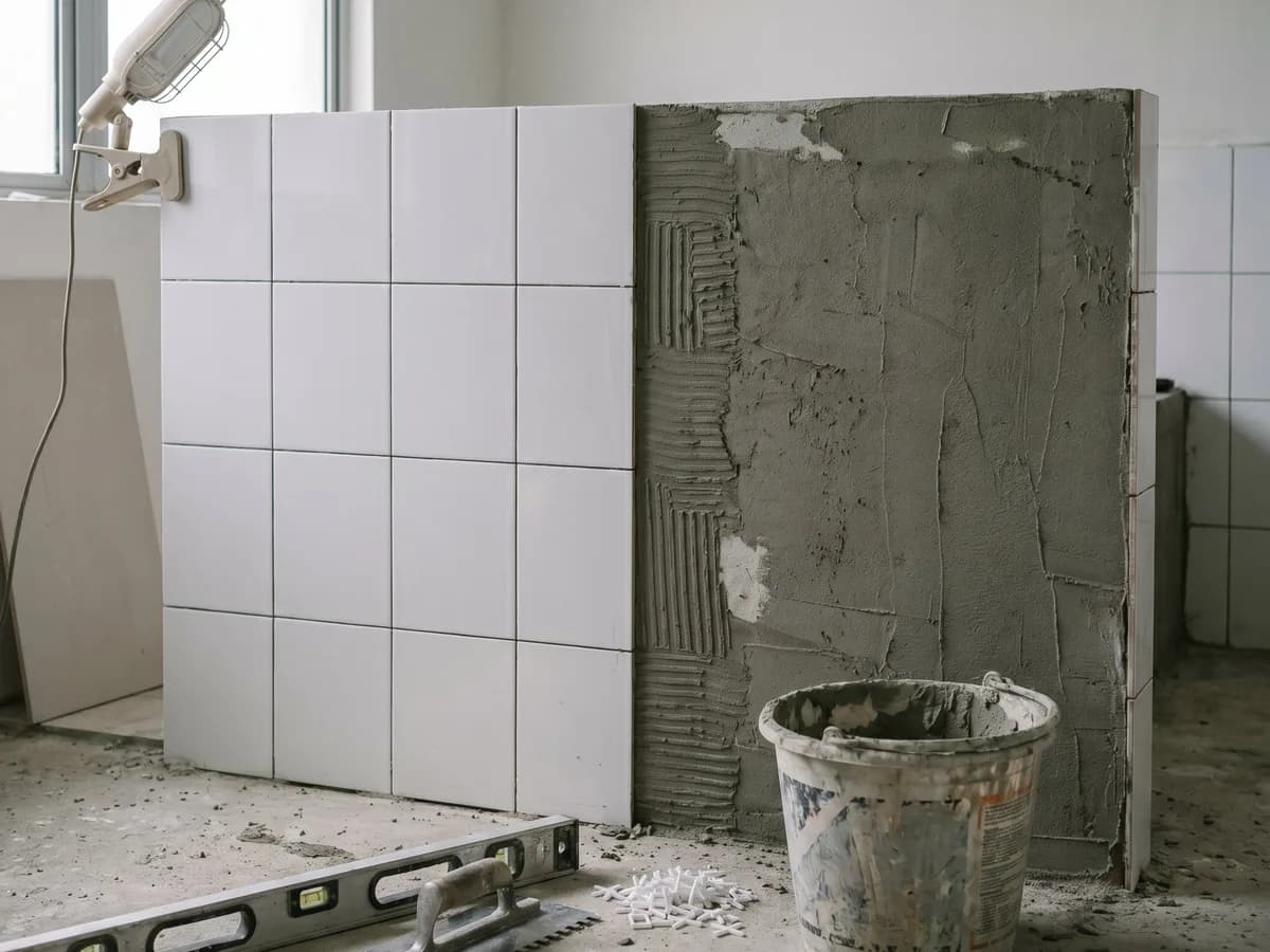 Bathroom mid-renovation with half-tiled wall, exposed adhesive, level and trowel on floor